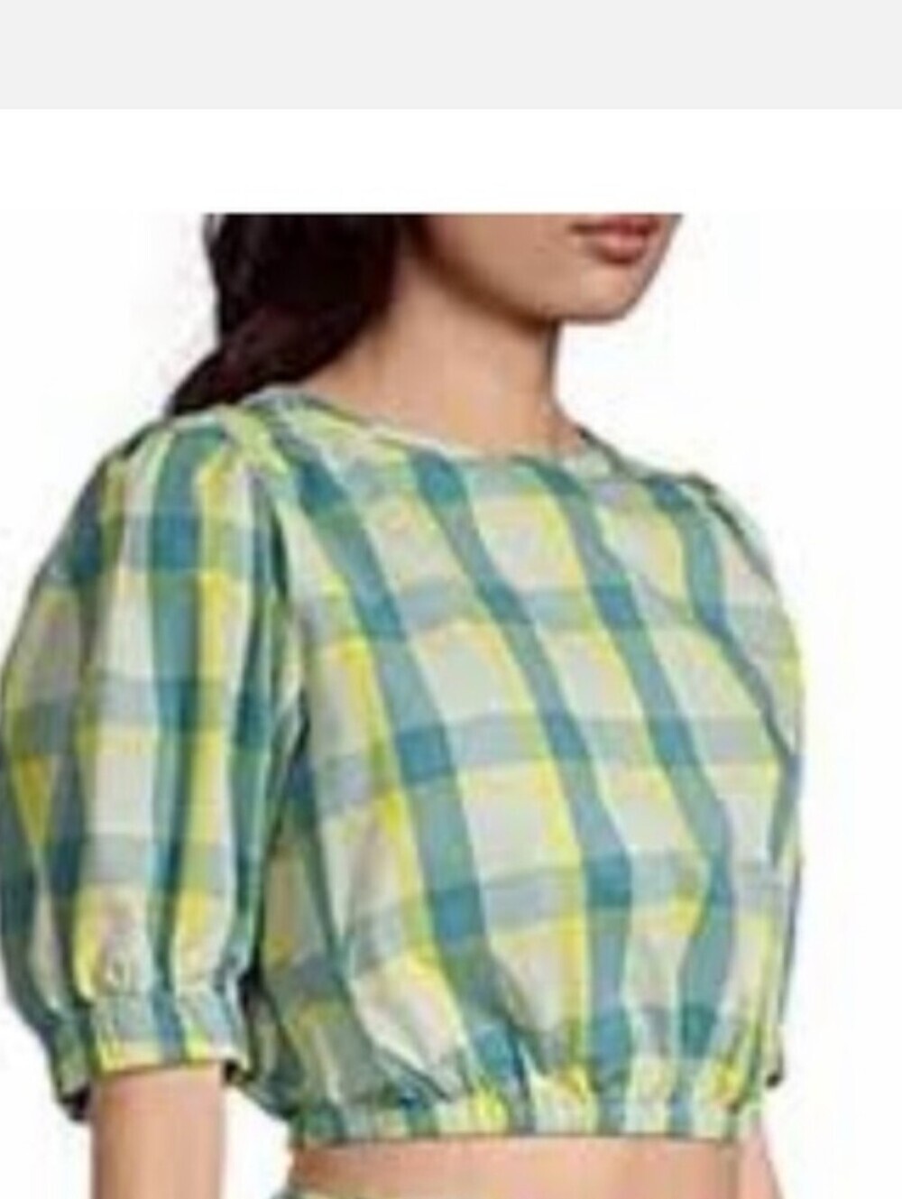 a.n.a Green and Yellow Checked Puff-Sleeve Crop Top